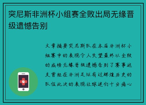突尼斯非洲杯小组赛全败出局无缘晋级遗憾告别